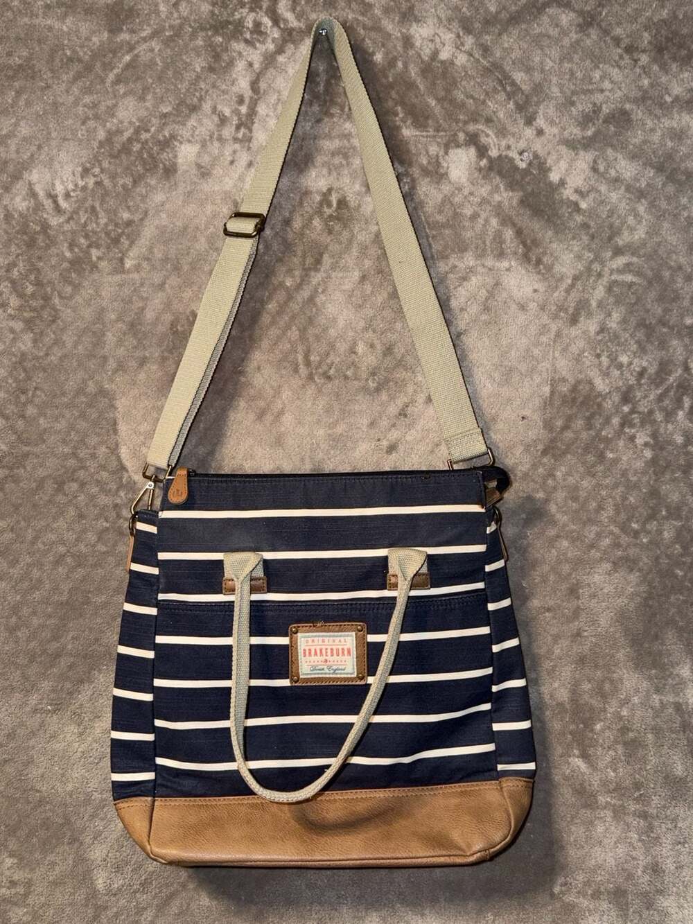 Brakeburn Navy Blue and White Striped Canvas Crossbody Tote Bag